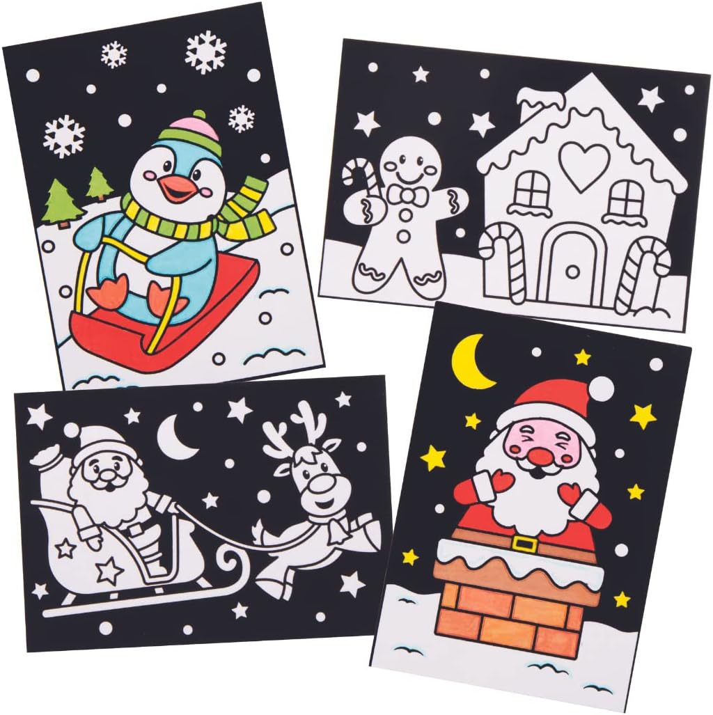 Baker Ross AX477 Christmas Colour in Art Pictures - Pack of 10, Kids Fuzzy Art Decorations for Festive Crafting, Colouring and to Display!