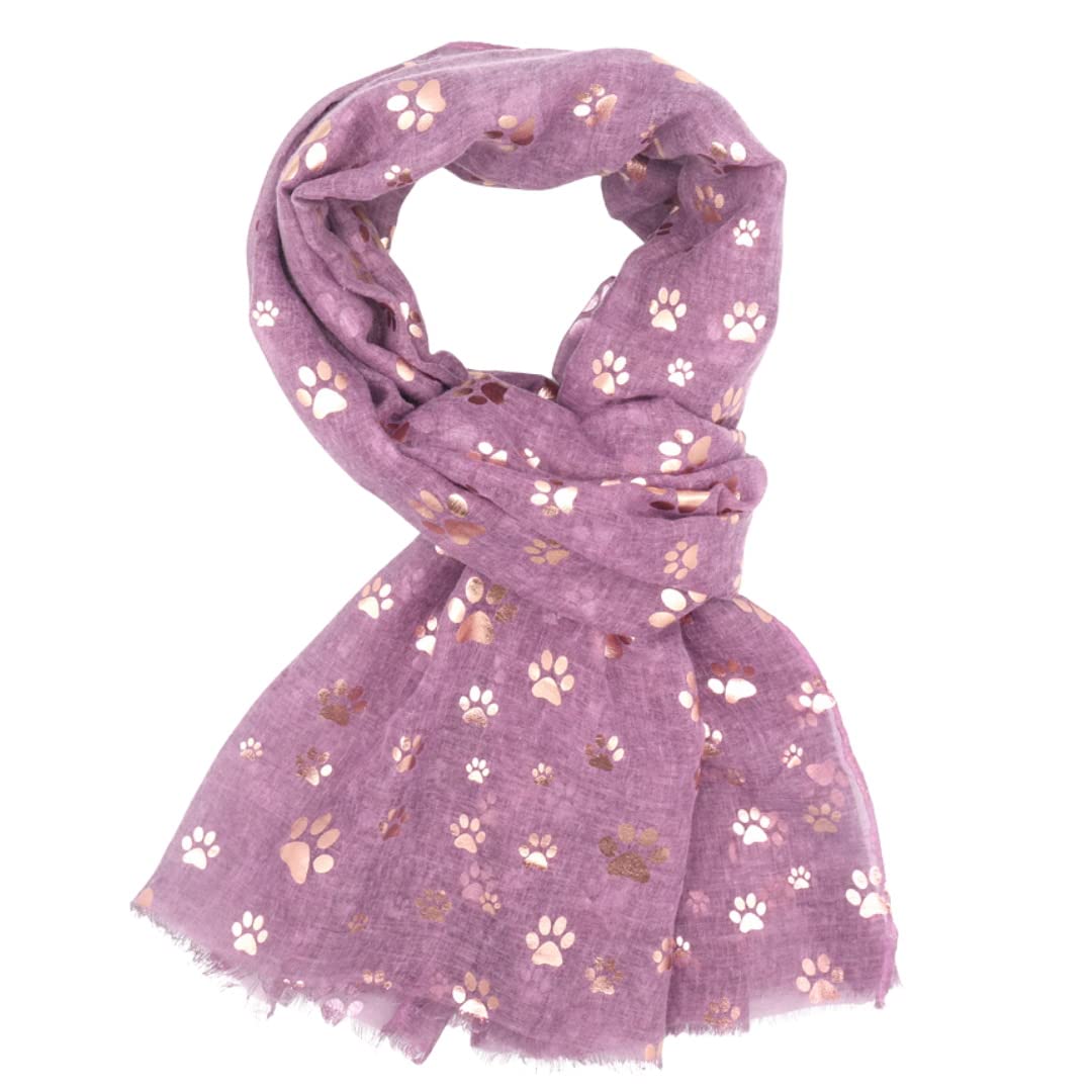 LilyRosa® Paw Print Scarf Rose Gold Foil Ladies Dog Cat Dogs Cats Grey Teal Green Blue Purple (Purple)