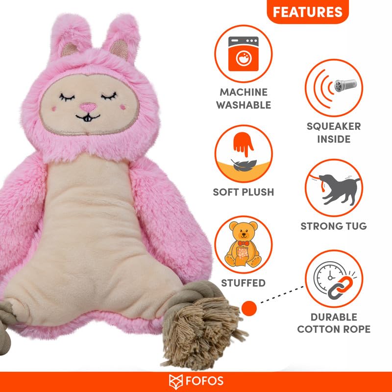 Image of BarkButler x Fofos Rope Leg Plush Rabbit - Soft & Squeaky Toys for Dogs with Rope, Dog Toys for Medium Dogs (5-20kgs) - Pink