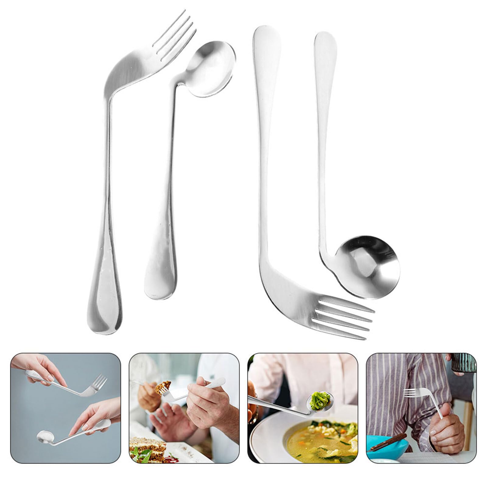 Generico Set 4 Utensili Angolati in Acciaio Inox per Autoalimentazione Anziani e Disabili, Cucchiai e Forchette Ergonomiche per Assistenza Pasti a Letto, Utensili Pesanti per Presa Debole