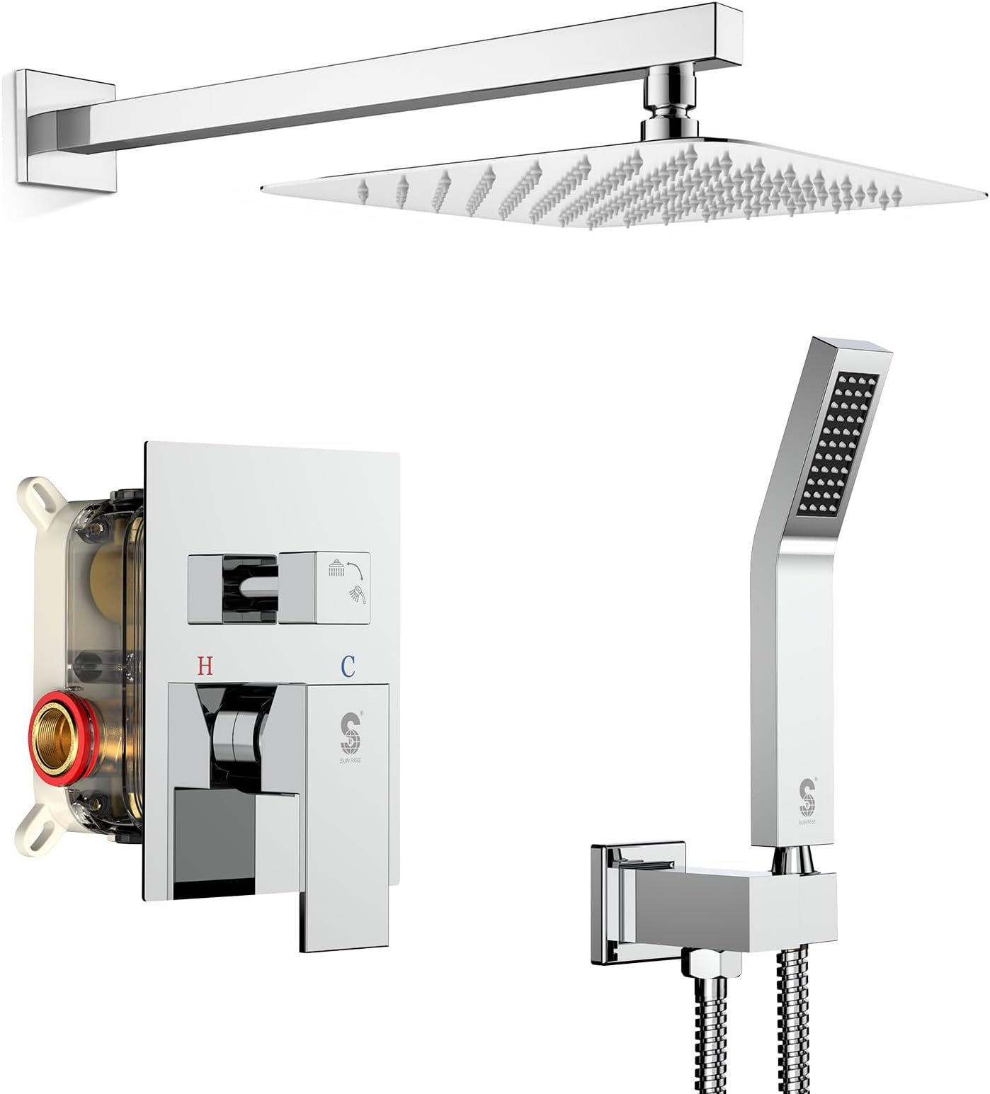 SR SUN RISE Polished Chrome Square Rainfall Shower Head and Handle Set, Wall Mounted Shower Fixtures, Metal Shower Faucet Trim Repair Kits (With Shower Valve)