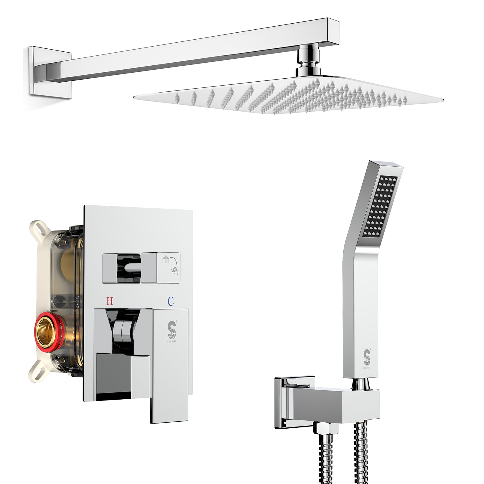 SR SUN RISE SRSH-F5043 Bathroom Luxury Rain Mixer Combo Set Wall Mounted Rainfall Shower Head System Polished Chrome, (Contain Faucet Rough-in Valve Body and Trim)SR SUN RISE SRSH-F5043 Bathroom Luxury Rain Mix…