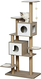 PawHut 69.75" Wood Cat Tree, Cat Condo Tower with Scratching Post, Toy Ball for Indoor Cats, Light Grey