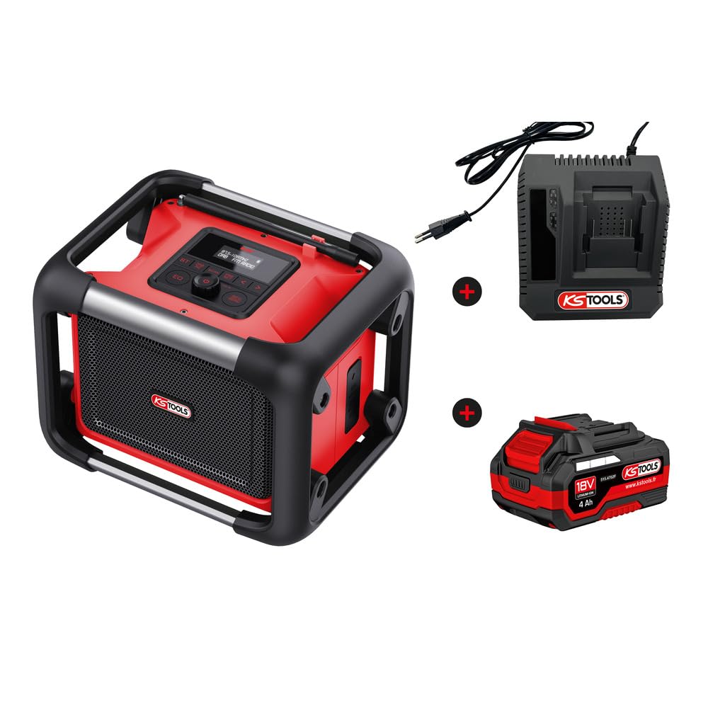 KS TOOLS - 100172F-A1 - Enceinte bluetooth puissante - alimentation secteur ou avec batterie lithium-ion - radio de chantier - Chargeur simple et batterie 4 A inclus