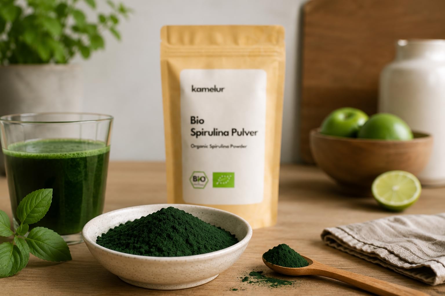 Kamelur Bio Spirulina Pulver grün 1kg – Bio Algen schonend getrocknet & fein gemahlen – Algenpulver Spirulina aus kontrolliert biologischem Anbau