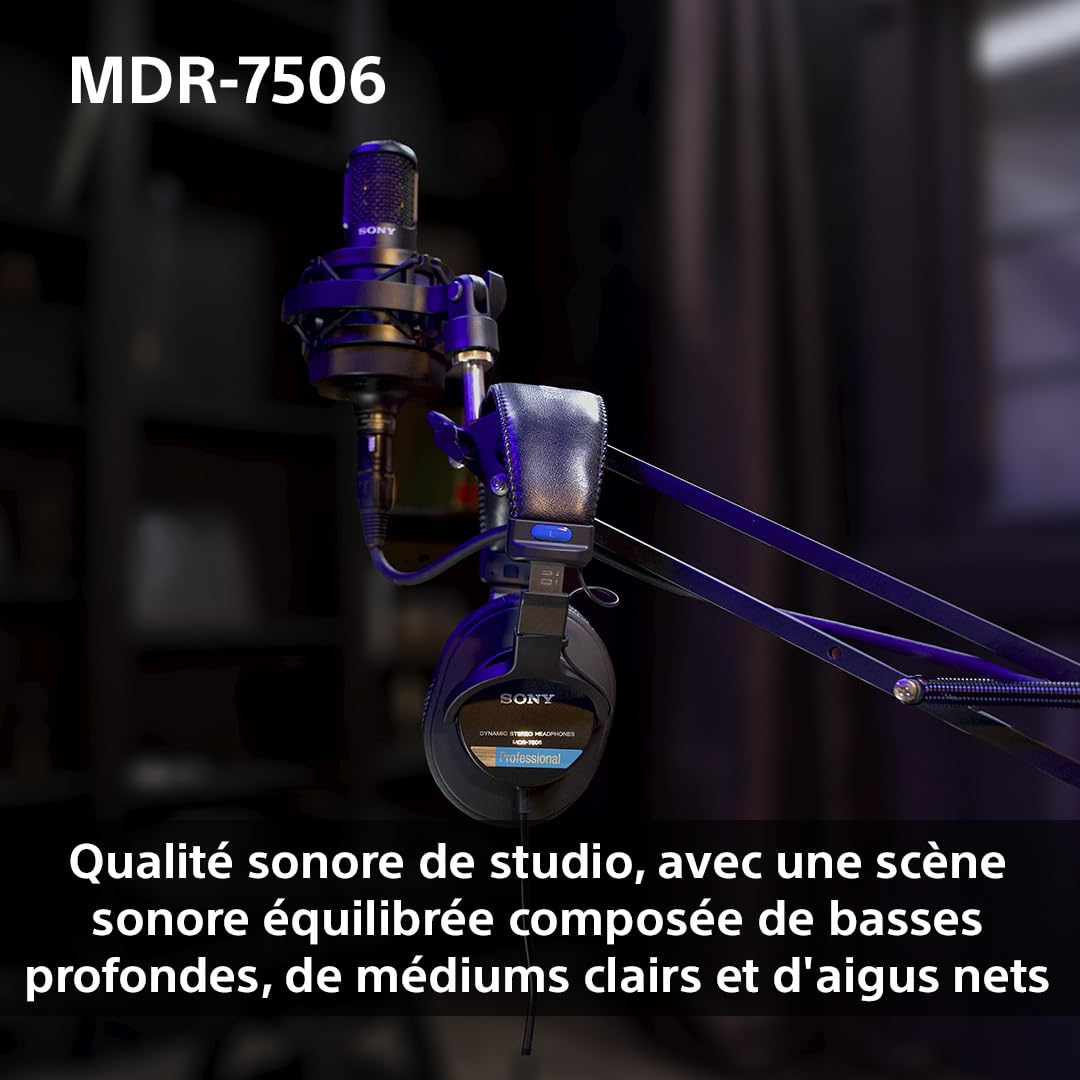 Sony MDR-7506, casque d'écoute studio fermé - filaire, gamme de fréquences 10Hz à 20kHz, idéal pour l'enregistrement et le mixage en studio, 63 Ohm, design léger et pliable (227g), noir