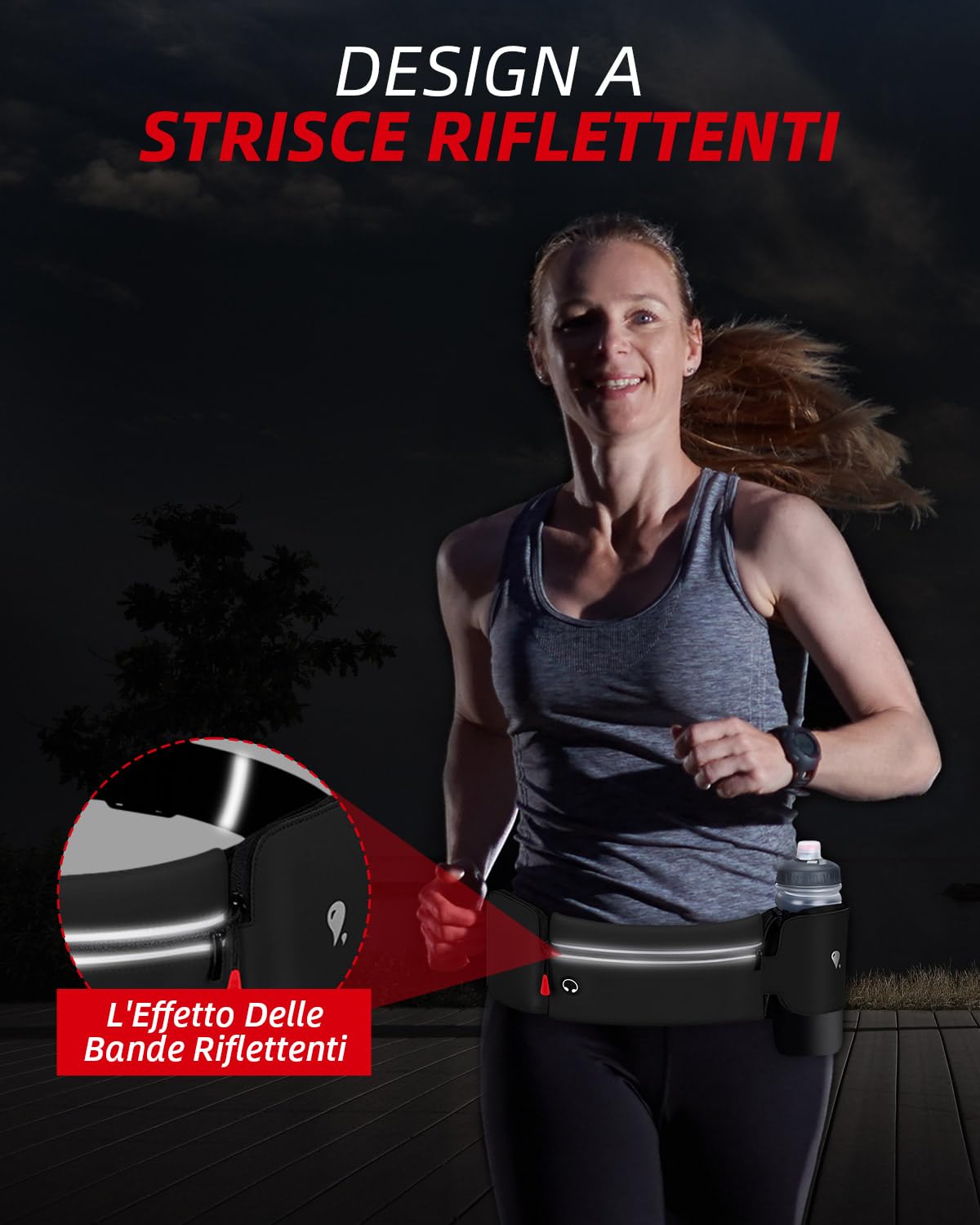 Marsupio Running,Marsupio Sportivo con Portabottiglie,Marsupio Corsa Impermeabile Regolabile,Marsupio Porta Cellulare con Strisce Riflettenti foro per Cuffie,Adatto per l'allenamento all'aperto,Nero