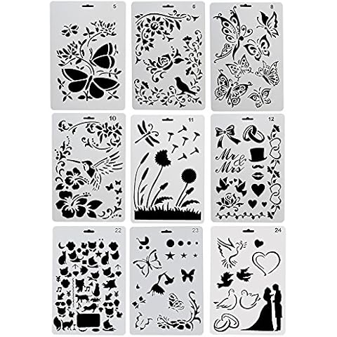 CCMART Plastic Drawing Painting Stencil Templates Set of 9 with Butterfly, Flowers, Birds, Figures, Animal Shape, Heart Shape Pecfect for Notebook/Diary/Scrapbook/Journaling/Card DIY Craft Project Cover