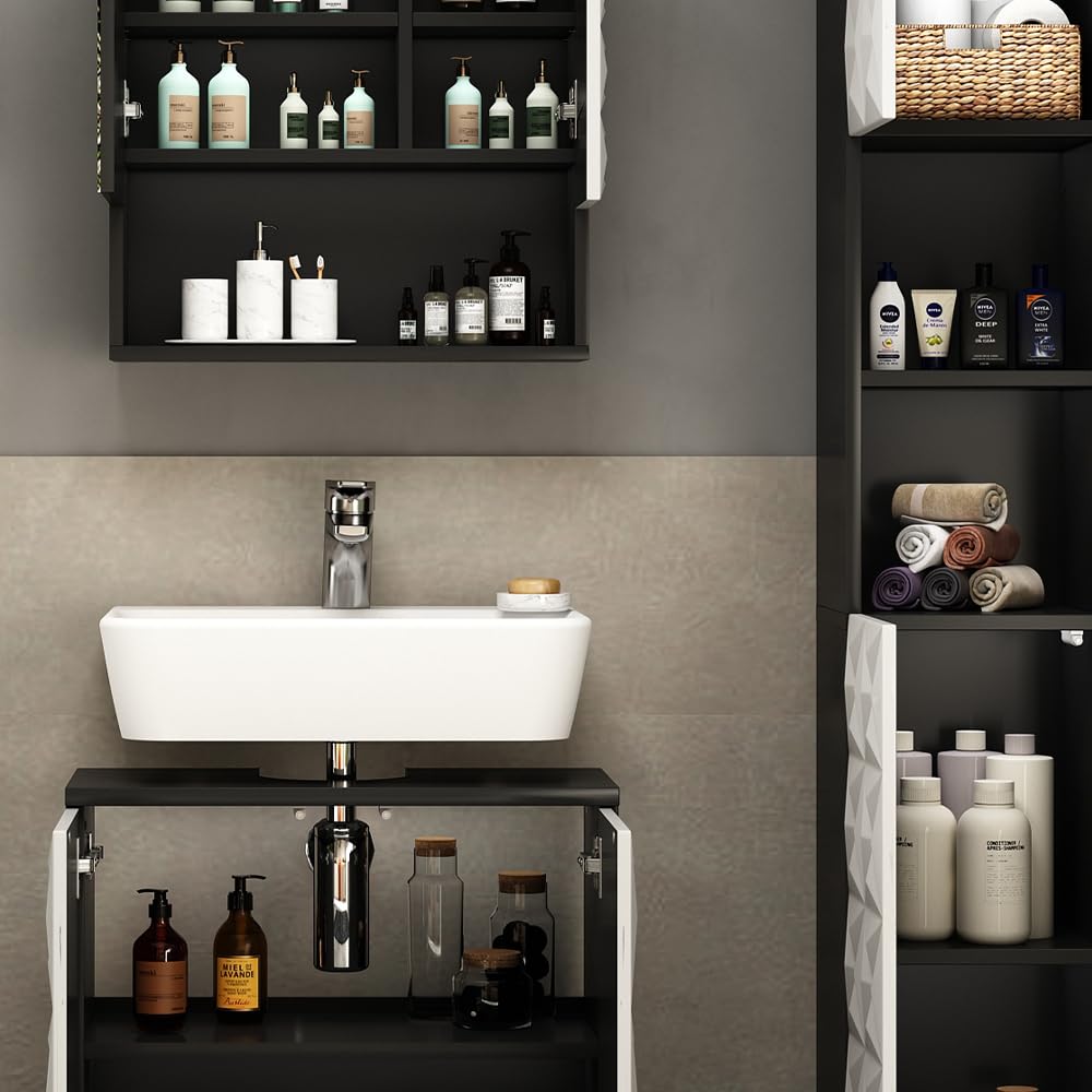Vicco Conjunto de Muebles de baño Edge, Negro, 60 cm | compuesto por mueble bajo lavabo, espejo con armario y columna de baño
