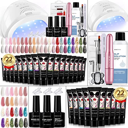 Morovan Poly Gel Nail Kit - 22 Colors Poly Nail Gel Kit with 48W LED Nail Lamp and Slip Solution Poly Nail Extension Gel Kit with Nail Drill & Matte Top Base Coat Set for DIY Nails Manicure Starter Kit