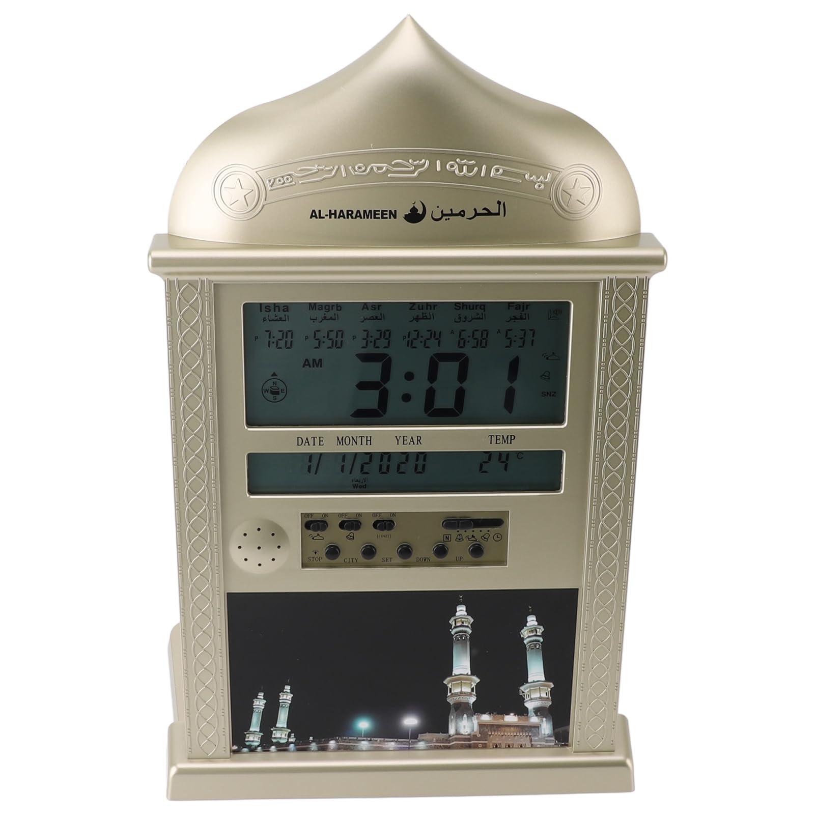 Jectse Azan Horloge, Réveil Portatif Multifonction d'Horloge de Prière pour l'affichage de Bureau (Gold)