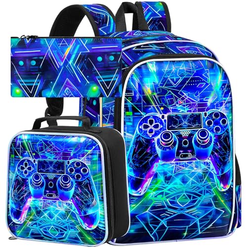 Image of WZLVO 3PCS Kids Game Backpack for Boys, 16 inch Cool UV Printing Bookbag /School Bag with Lunch Box & Pencil Bag for Preschool to Elementary - Sci-Fi Game