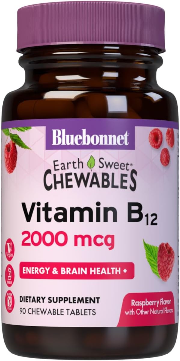 Nutrition Earth Sweet Vitamin B12 1000 mcg & Folic Acid 400mcg - Brain Health & Energy Vitamins for Women & Men - Vegan, Gluten-Free Raspberry B 12 Vitamin - 90 Chewable Tablets