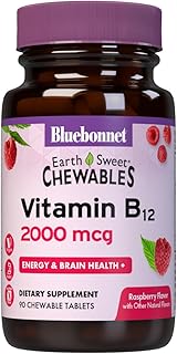 BlueBonnet Nutrition Earth Sweet Vitamin B12 1000 mcg & Folic Acid 400mcg - Brain Health & Energy Vitamins for Women & Men - Vegan, Gluten-Free Raspberry B 12 Vitamin - 90 Chewable Tablets