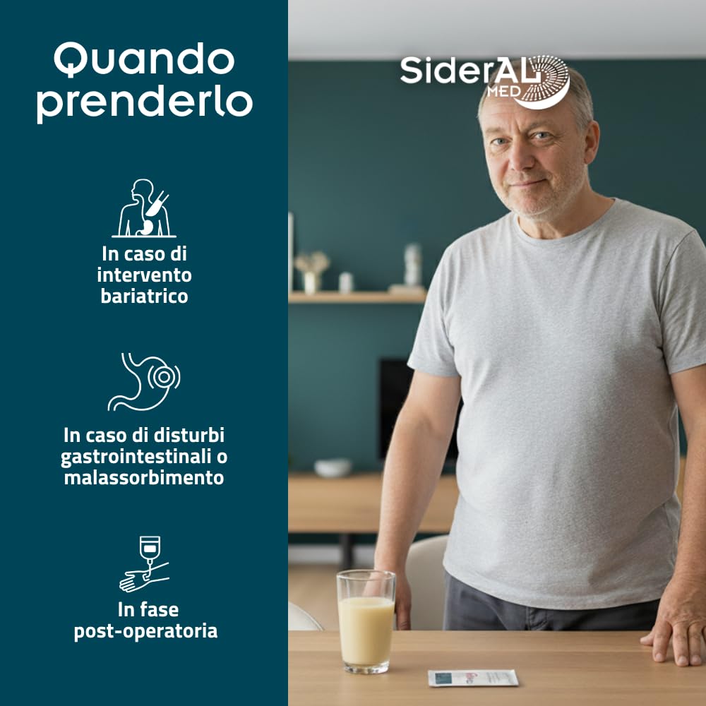 Sideral Med Integratore alimentare a Fini Medici Speciali, Ferro sucrossomiale®, Vit. A, C, D, E, K, PP, B5, B6, B9 (folato), B12, 28 Bust, Soggetti sottoposti a chirurgia bariatrica, Malassorbimento
