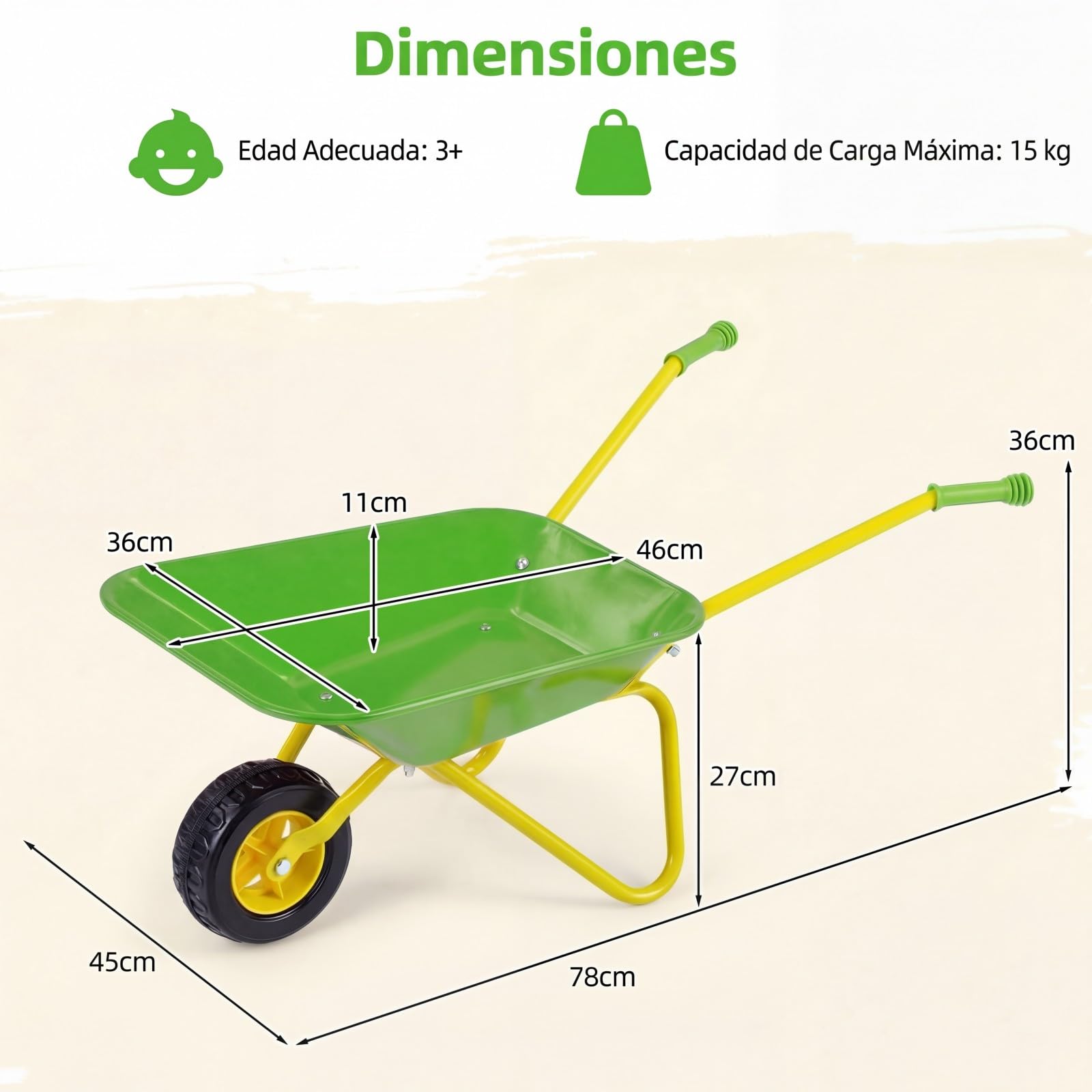 COSTWAY Carretilla para Niños, Carrito de Jardín Infantil con Ruedas Todoterreno, Asas Antideslizantes y Soporte de Aparcamiento Estable, Carretilla de Juguete para Niños de 3+ Años (Verde)