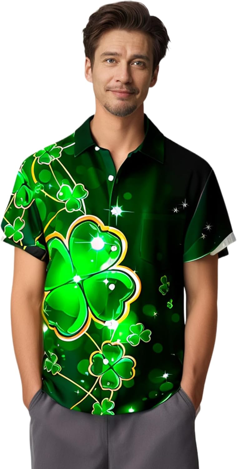 Men's St Patrick's Day Shirt Shamrock Print Bowling Short Sleeve Hawaiian Casual Button Down Holiday Shirts - Image 2