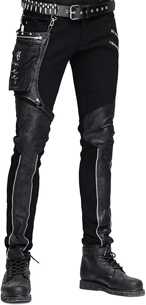 Devil FashionMens Dieselpunk Pants Jeans Black Gothic Punk Faux Leather Hip Bag