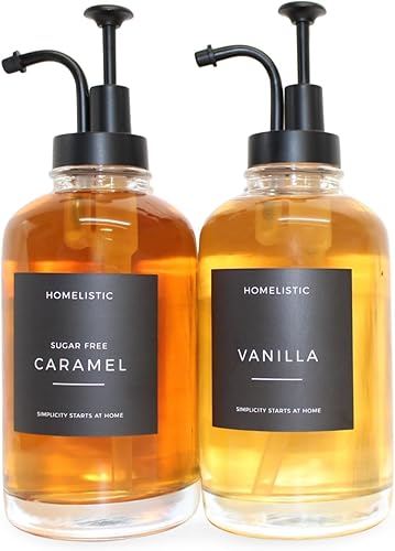 Dispensador de jarabe para barras de café, juego de 2 botellas de jarabe de vidrio con bombas negras, 16.9 onzas, 16.9 fl oz, accesorios para barra