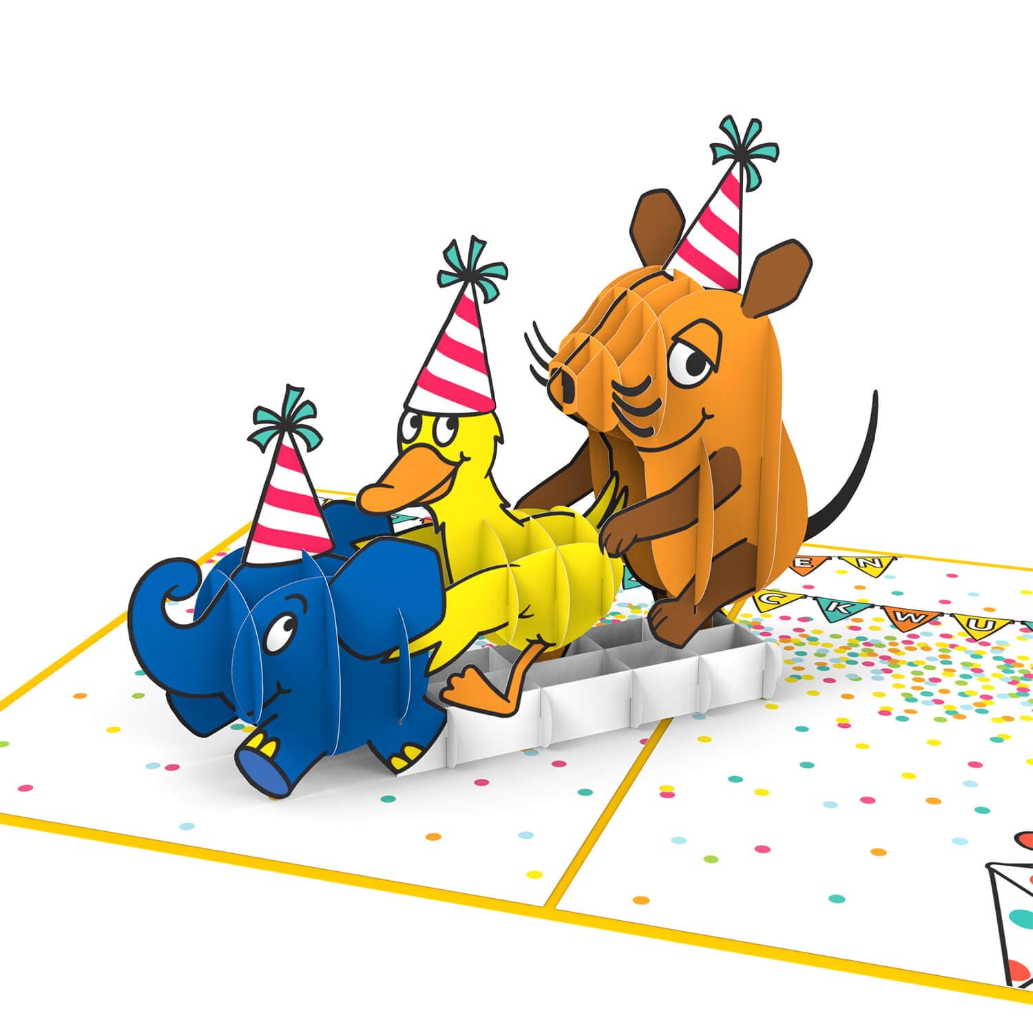 papercrush® x Die Maus Pop Up Geburtstagskarte „Geburtstagspolonaise“ - Lustige 3D Glückwunschkarte mit der Maus, Elefant und Ente für Kinder, Einladungskarte zum Kindergeburtstag von Mädchen & Jungen