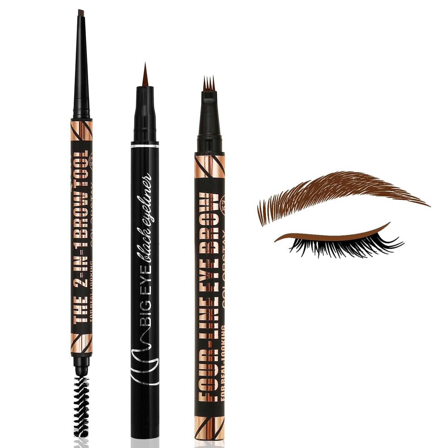 Boobeen Eyebrow Makeup Kit, 4 Tip Brow Pen, Eyebrow Pencil with Brush, Waterproof Liquid Eyeliner, Smudge- Proof & Long Lasting, 3 Piece