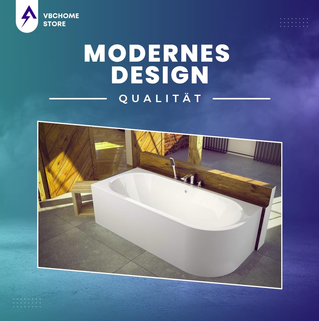 VBChome Badewanne 180x80 cm Acryl SET Schürze Siphon Wanne Ecke Eckbadewanne Weiß Design Modern Ablaufgarnitur in Chrom für 2 Personen links
