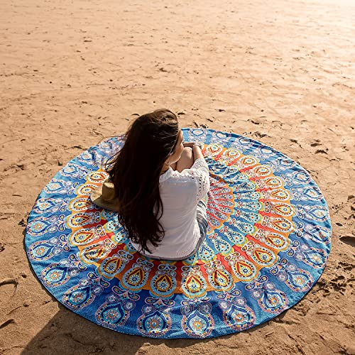 Folkulture Set of 2 Beach Blanket or Round Mandala Tapestry - Bohemian or Boho Tablecloth, Hippie Beach Towel or Picnic Throw, Cotton Yoga Mat or Circle Rug for Meditation - 72 Roundie, Blue Mustard - Image 4