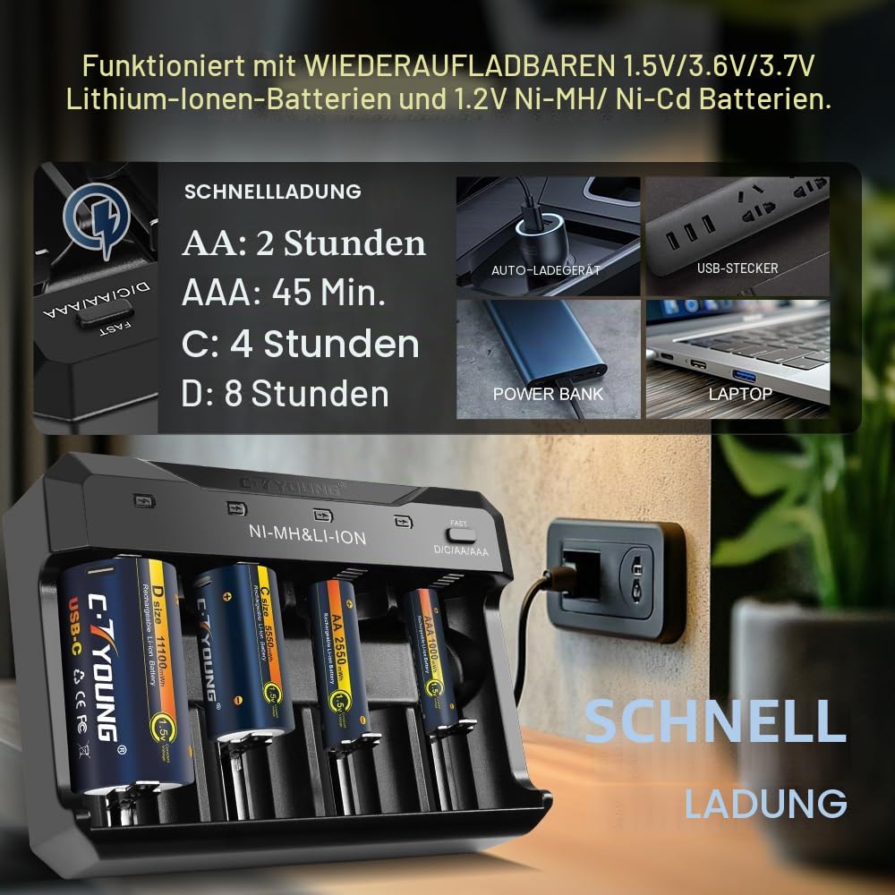 Wiederaufladbare D Batterien, 4er-Pack, 1,5V Lithium, 11000mWh | USB Typ-C Universalladegerät, Kompatibel mit AA, AAA, C, D, Hohe Kapazität