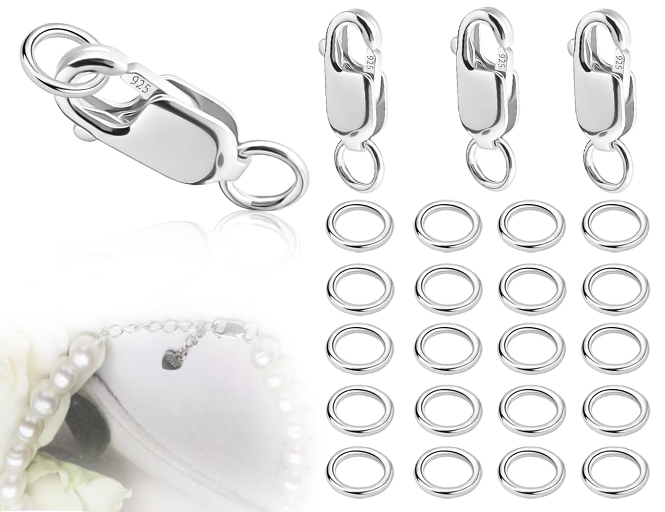 KAPSING Juego de 3 cierres de cadena,cierre de mosquetón de plata de ley 925,cierre de mosquetón con 20 piezas de anillos abiertos,accesorios de conector de cierre de joyería de pulsera(plata)