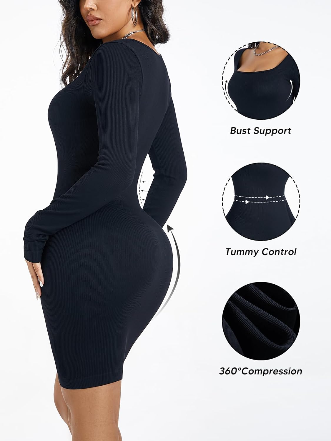 Women Square Neck Long Sleeve Ribbed Bodycon Club Party Dress Night Out Mini Dresses Slim Fit Body Shaper - Image 3