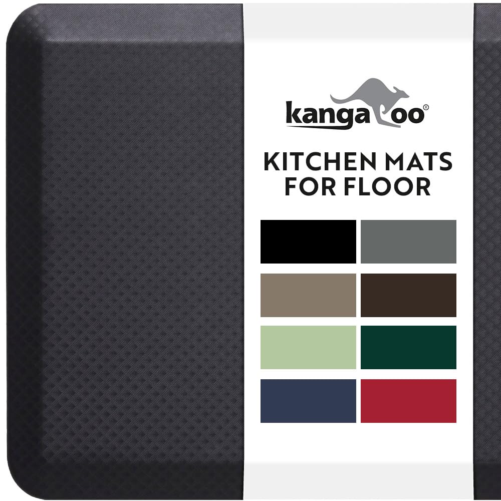 KANGAROO 3/4 Inch Cushioned Anti Fatigue Kitchen Mat for Floor, Black
