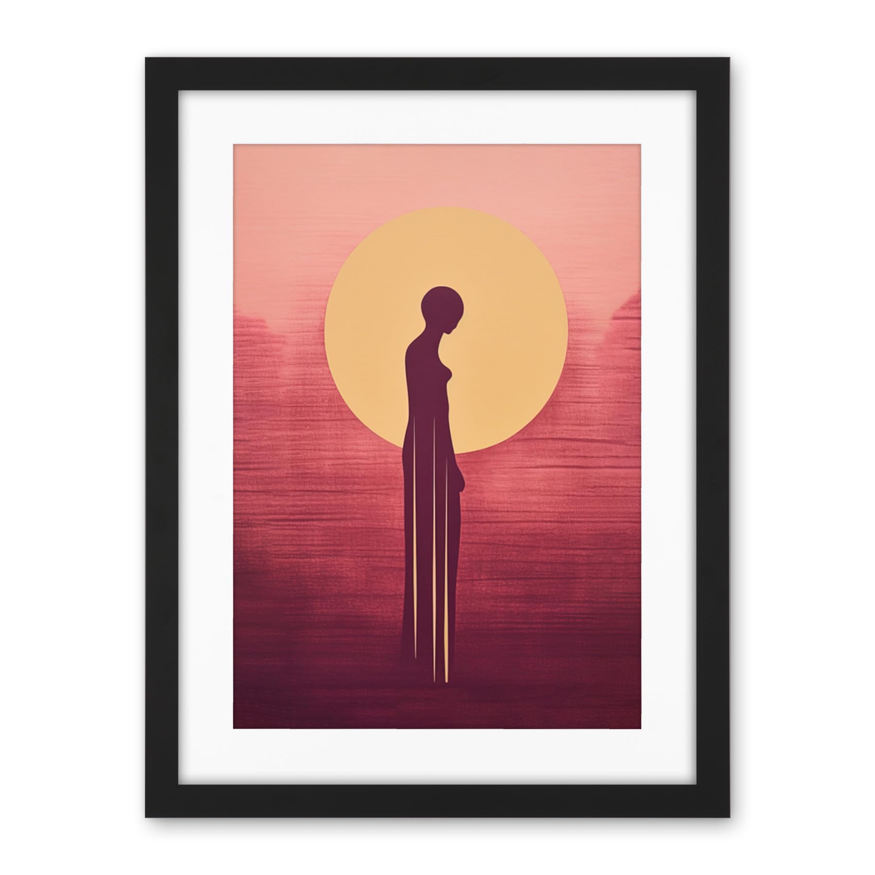 Artery8 Sunrise Solitude Minimalist Artwork Plum Pink Gold African Woman Silhouette in Golden Sun Halo Artwork Framed Wall Art Print 18X24 Inch