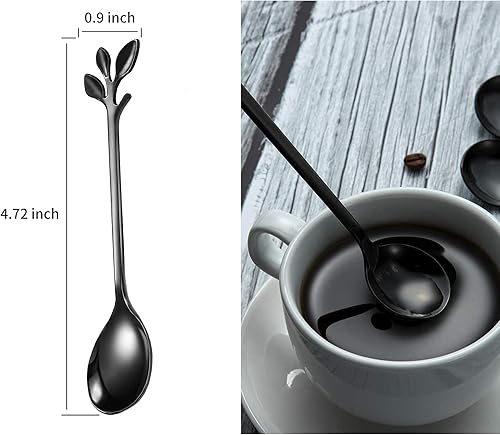 Miniatura 3 de IFeico Mini cucharas de café, cucharas de té de acero inoxidable de grado alimenticio, cucharas de postre de hojas negras de 4.7 pulgadas para el