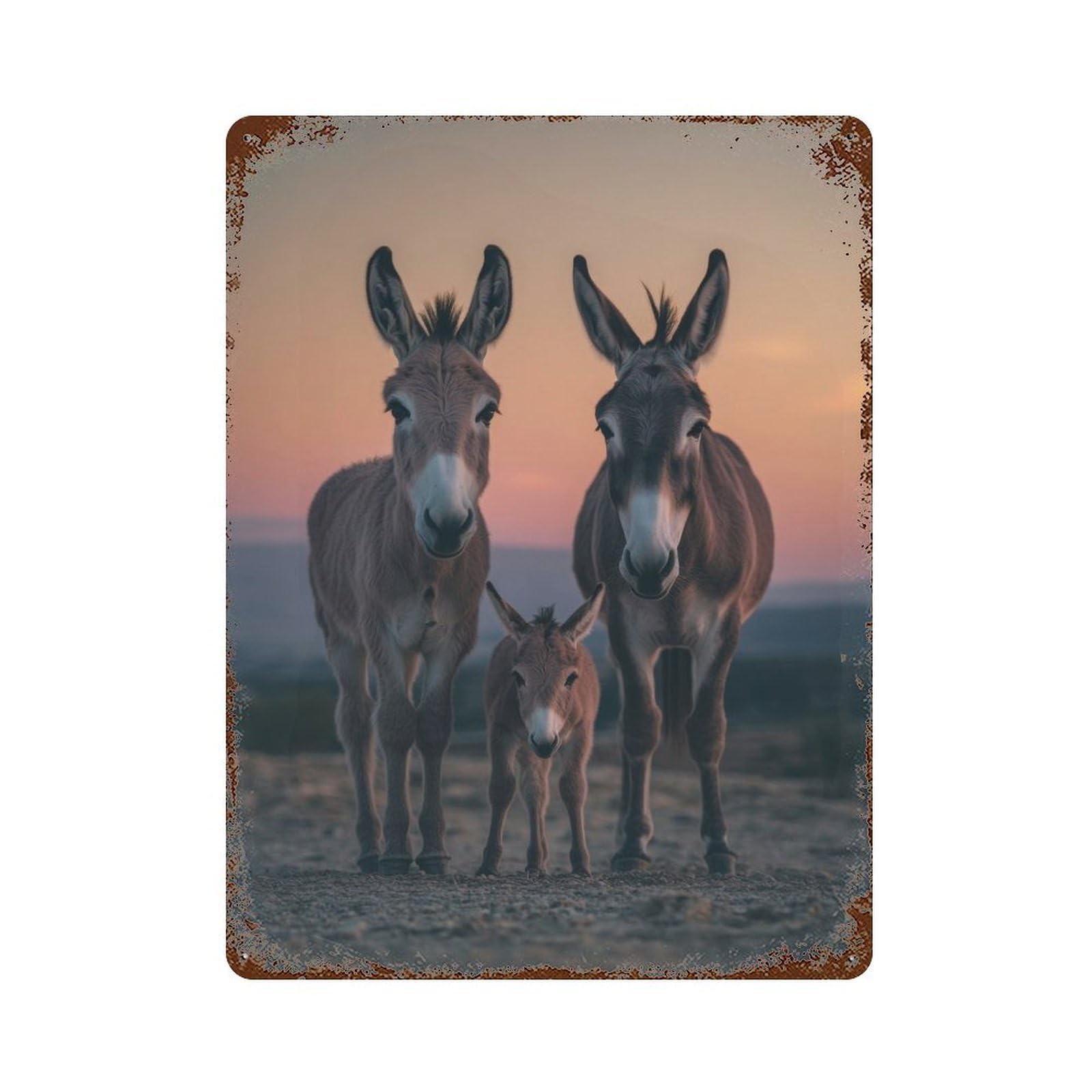 Donkey Family at Sunset Rust Effect Tin Sign 15.7"x11.8", Rustic Home Decor for Garage, Pub Or Kitchen