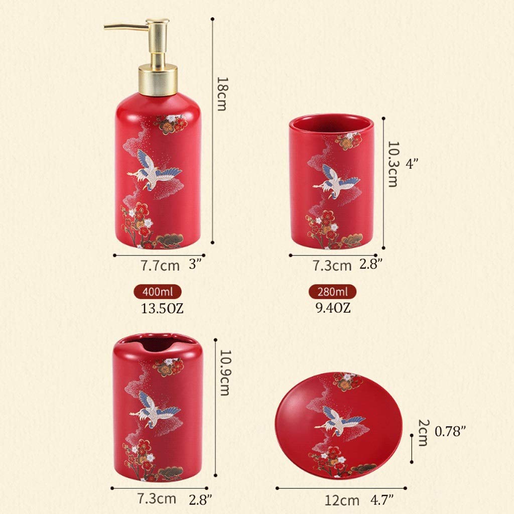 Juego de 5 accesorios de baño de cerámica con bomba de loción roja/dispensador de jabón, soporte para cepillo de dientes, jabonera, etc