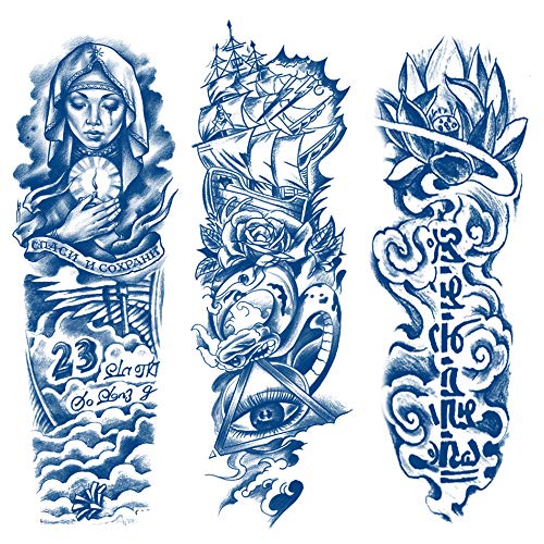 3 Sheets PADOUN Long Last Full Arm Temporary Tattoos Sleeve, 100% Plant-Based Ink Realistic Blue Flower Tattoos for Adults Women Girls