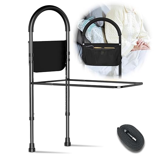 Safety Bed Rail for Elderly Adults with Storage Pocket and Support Legs Bed Assist Rail Adjustable in Height, Bed Rail Fits King, Queen, Full, Twin Bed, Support Up to 330lbs