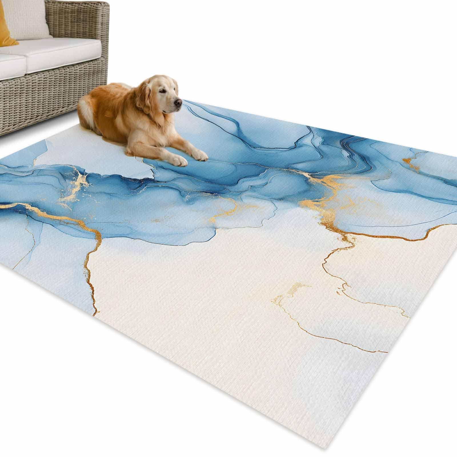 Outdoor Rug 5x8ft Watercolor Gradient Navy Marble Patio Area Rugs Waterproof Easy Cleaning Non Shedding Thick Mats Vintage Gold Vein Art Carpet for Indoor Outdoor Porch Deck Backyard Balcony