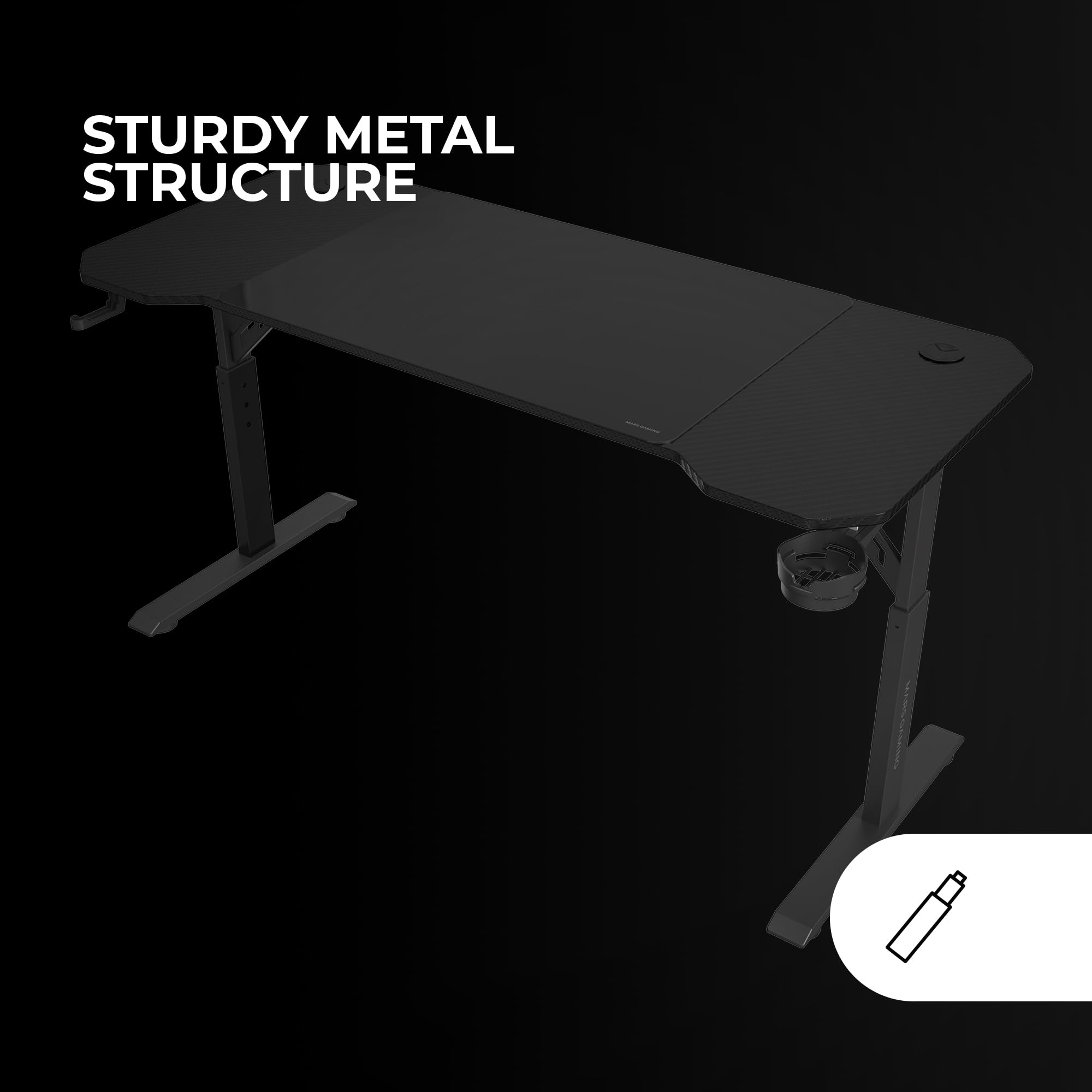 Mars Gaming MGD-ERGO140, Mesa Altura Ajustable 3 Posiciones, Superficie Ergonómica, Estructura Metálica, Alfombrilla XXL, Soporte Auriculares + Bebida, Gestión Cableado, Mesa Gaming 140x60cm, Negro
