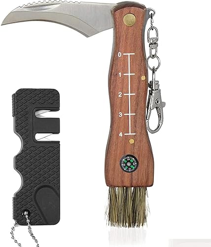 Cuchillo de hongo con cepillo y afilador, cuchillo de bolsillo plegable con mango de madera y clip para hombres y mujeres, cuchillos plegables para