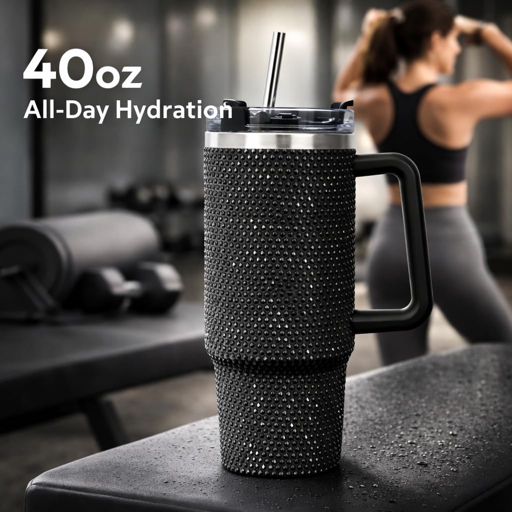 THIRSTEE 40 oz Rhinestone Tumbler – Black Sparkle Water Cup with Lid & Straw – Double Wall Insulated Stainless Steel Travel Mug with Handle, Leak-Proof for Hot & Cold Drinks