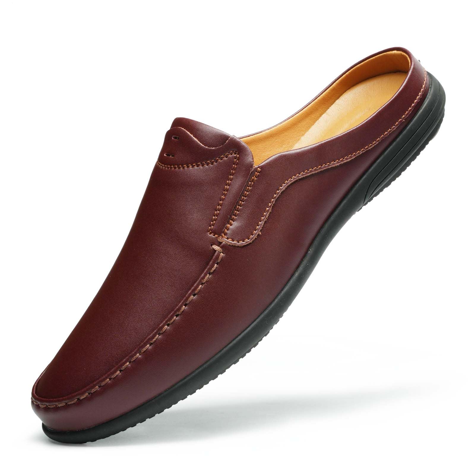 LUODENGLANG Men’s Slip-On Loafers Handmade Leather Slippers Breathable Comfortable Soft Hand Stitched no-heel Casual Shoes For Men