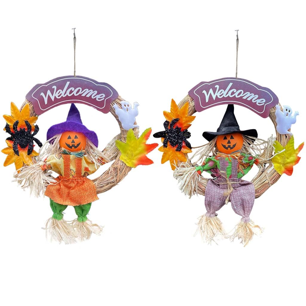 Photo 1 of vocheer Holloween Spider Scarecrows Decor,2 Pack 11.8in Round Hanging Pumpkin Scary Face Scarecrows Thanks Giving, Small Fall Harvest Decoration for Door, Home, Porch 11.8in Spider Scarecrow