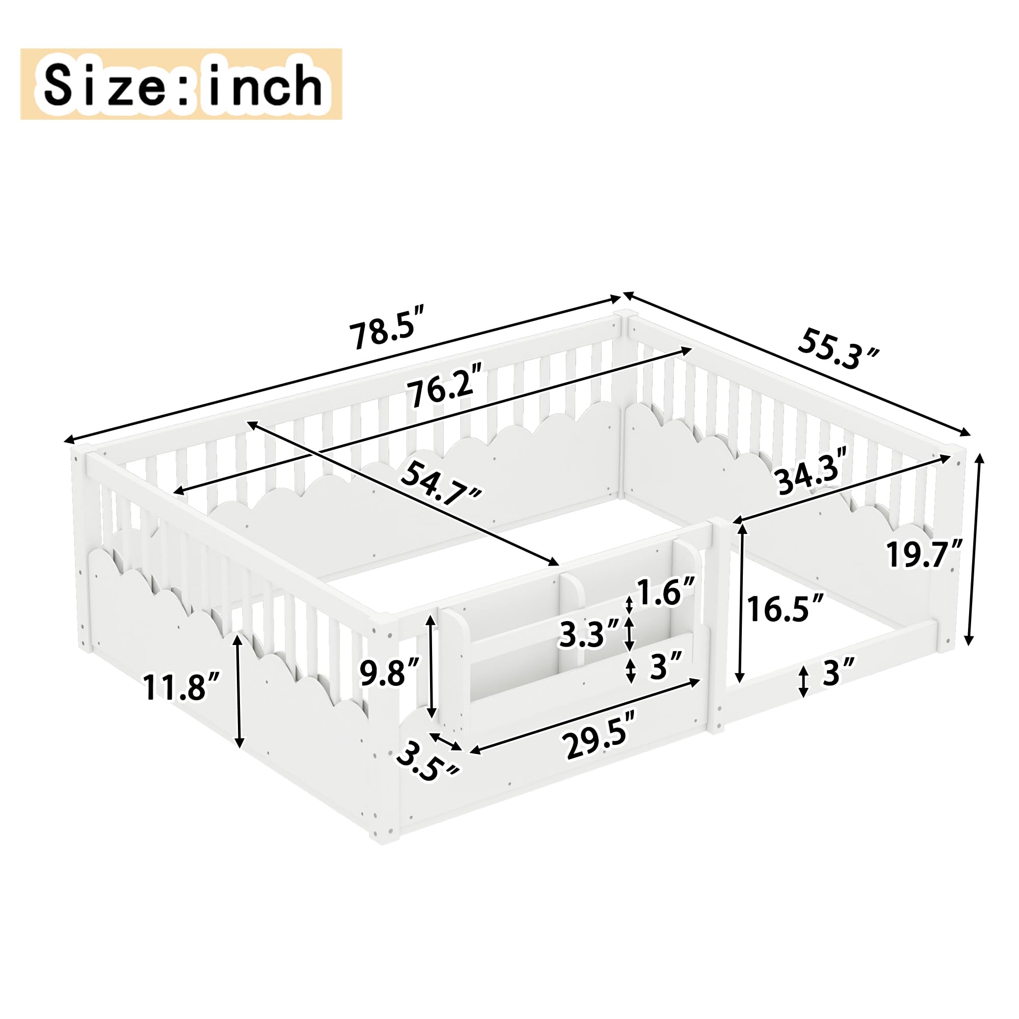 Full Size Floor Bed with Bookshelves, Wood Kids Floor Bed with Upgraded Guardrails and Slats, Montessori Floor Bed Frame for Kids, Boys, Girls, Childlike and No Spring Box Needed Design, White