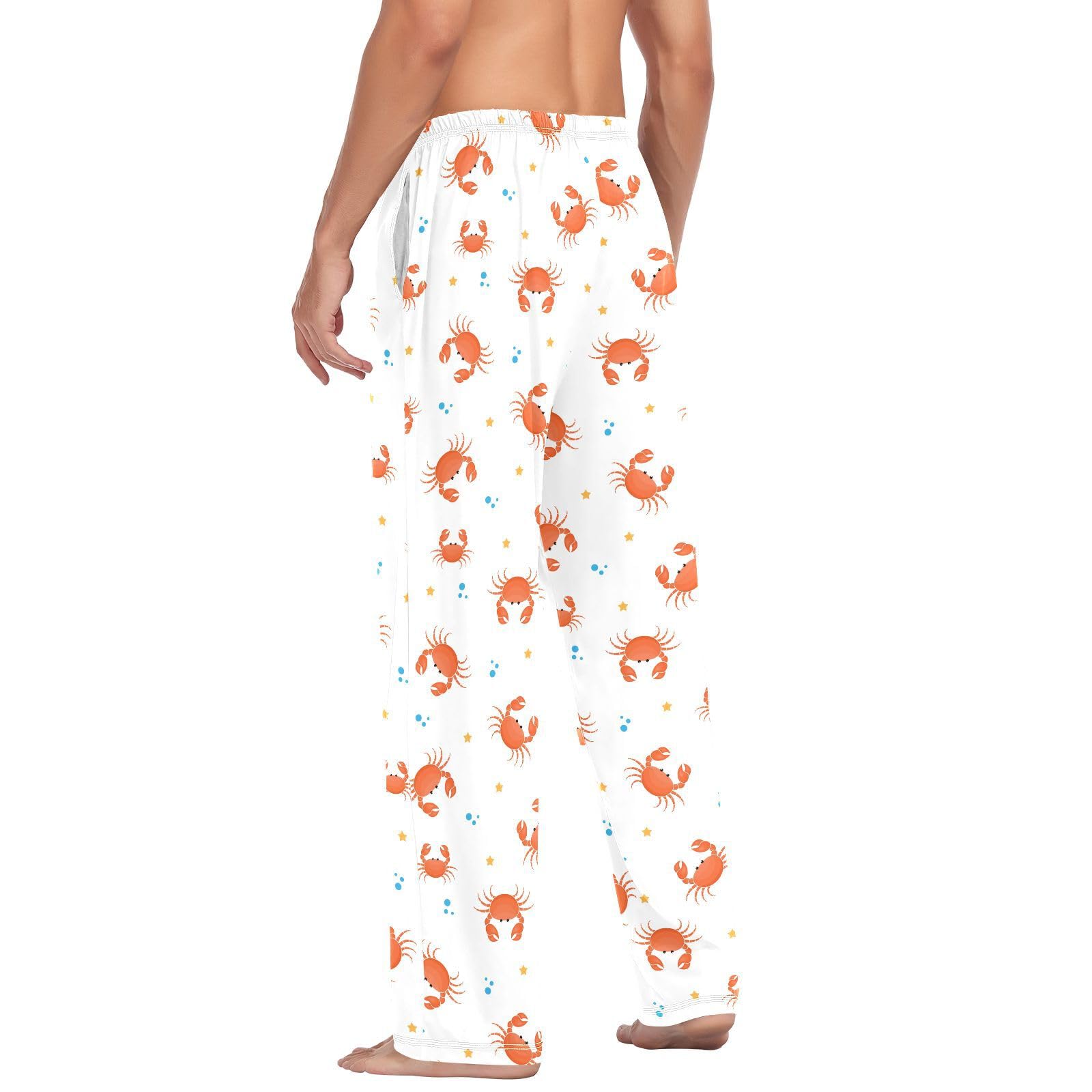 Herren-Schlafanzughose mit Cartoon-Krabben-Stern, 100 % Baumwolle, weiche Pyjamahose für Herren, Lounge-Nachtwäsche, gerade Passform, lange Schlafhose mit Taschen, Kordelzug, Größe XXL,