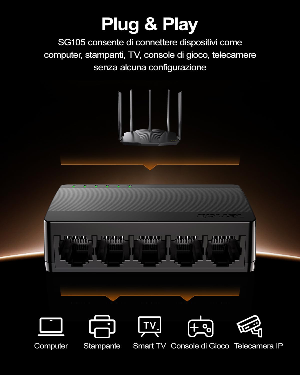 Tenda Switch Gigabit 5 Porte, Switch Ethernet 10/100/1000 Mbps, Switch di Rete con Indicatore LED, Plug & Play, Mini Formato, Montaggio Desktop o a Parete (SG105 V4.0)
