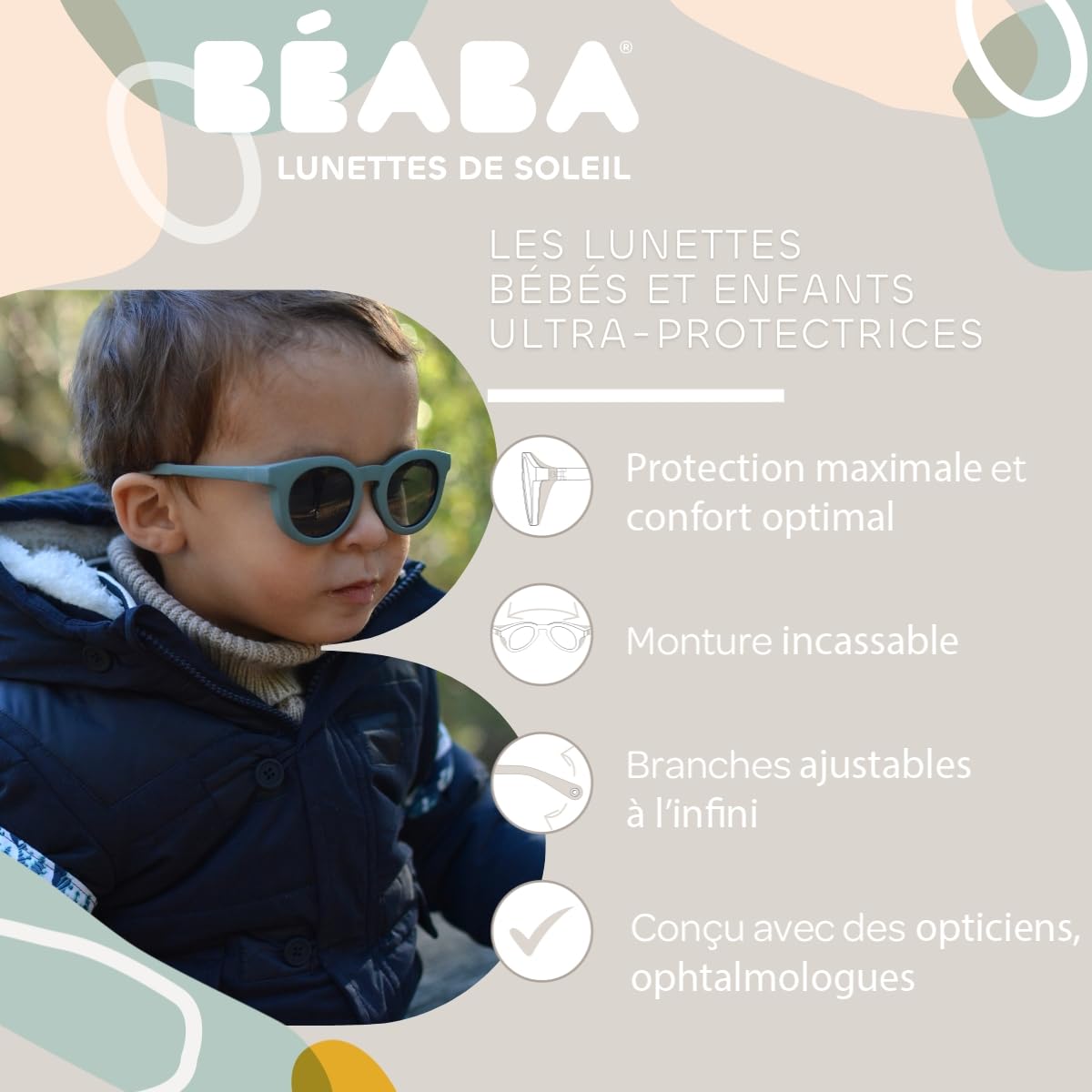 BEABA, Lunettes de Soleil pour Enfant 2-4 Ans, Protection 100 Pour cent UV - CAT 3, Protection Latérale, Confort Optimal, Branches Ajustables 360 degré, Adapable à la Vue, RETRO Happy Baltic Blue