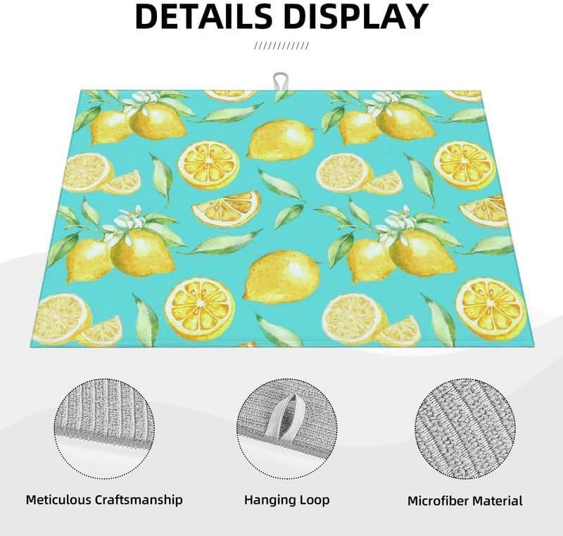Miniatura 5 de Tapete de secado de platos de limón y hojas para encimera de cocina, tapete grande de microfibra para secado de platos, absorbente, reversible,
