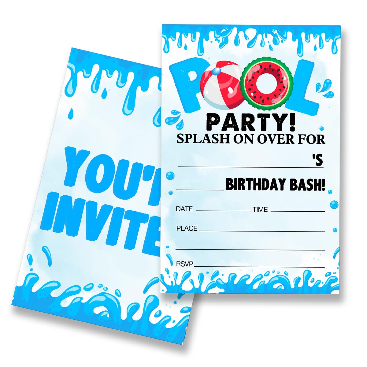 EUDOSI Pool Birthday Party Invitations Supplies Fill-In Set of 20 with Envelopes Splash Birthday Bash Invites Cards, Double Sided