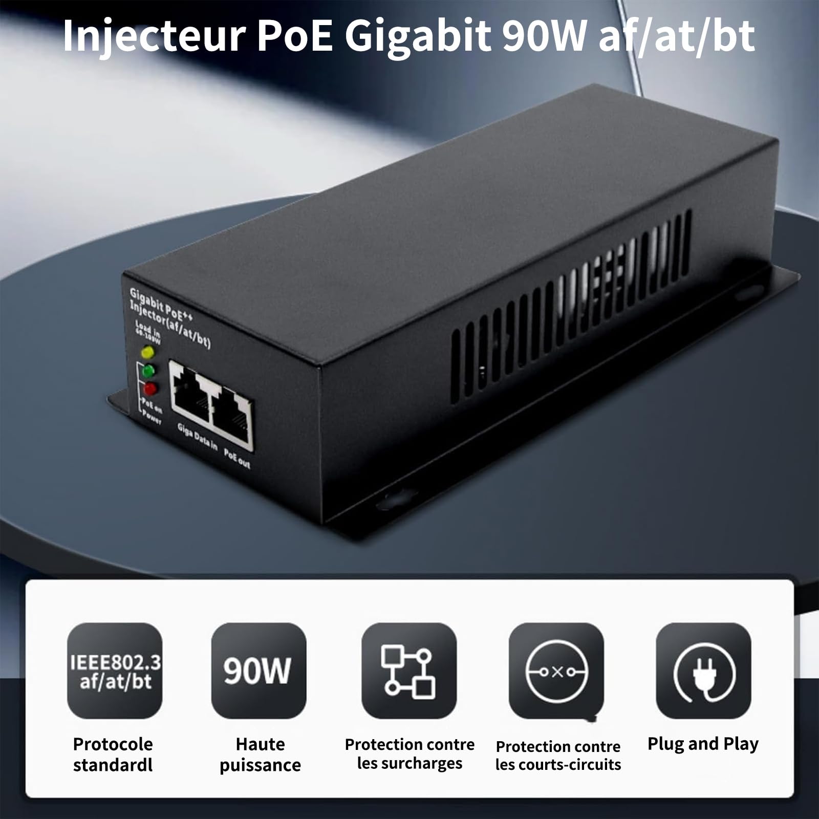 Injecteur PoE Gigabit 90W RJ45 IEEE 802.3af/at/BT | Montage Mural,Câble Secteur EU,Compatible avec les caméras IP/PTZ,points d'accès WiFi,téléphones VoIP,haut-parleurs PoE